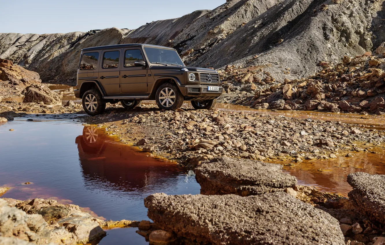 Photo wallpaper water, stream, stones, Mercedes-Benz, breed, 2018, the ground, G-Class, deposits