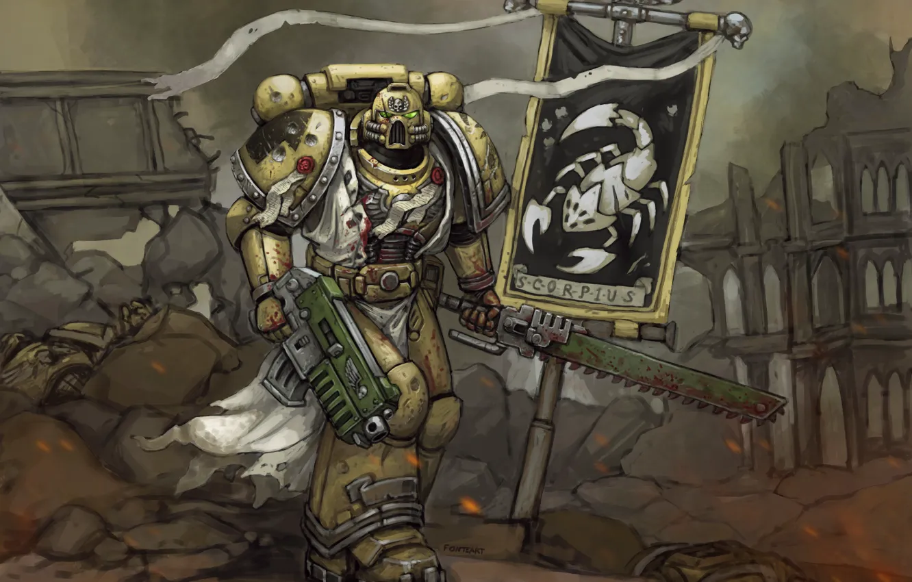 Photo wallpaper sword, helmet, armor, Space Marine, Warhammer, art, Warhammer 40k, banner, Ordo Scorpius