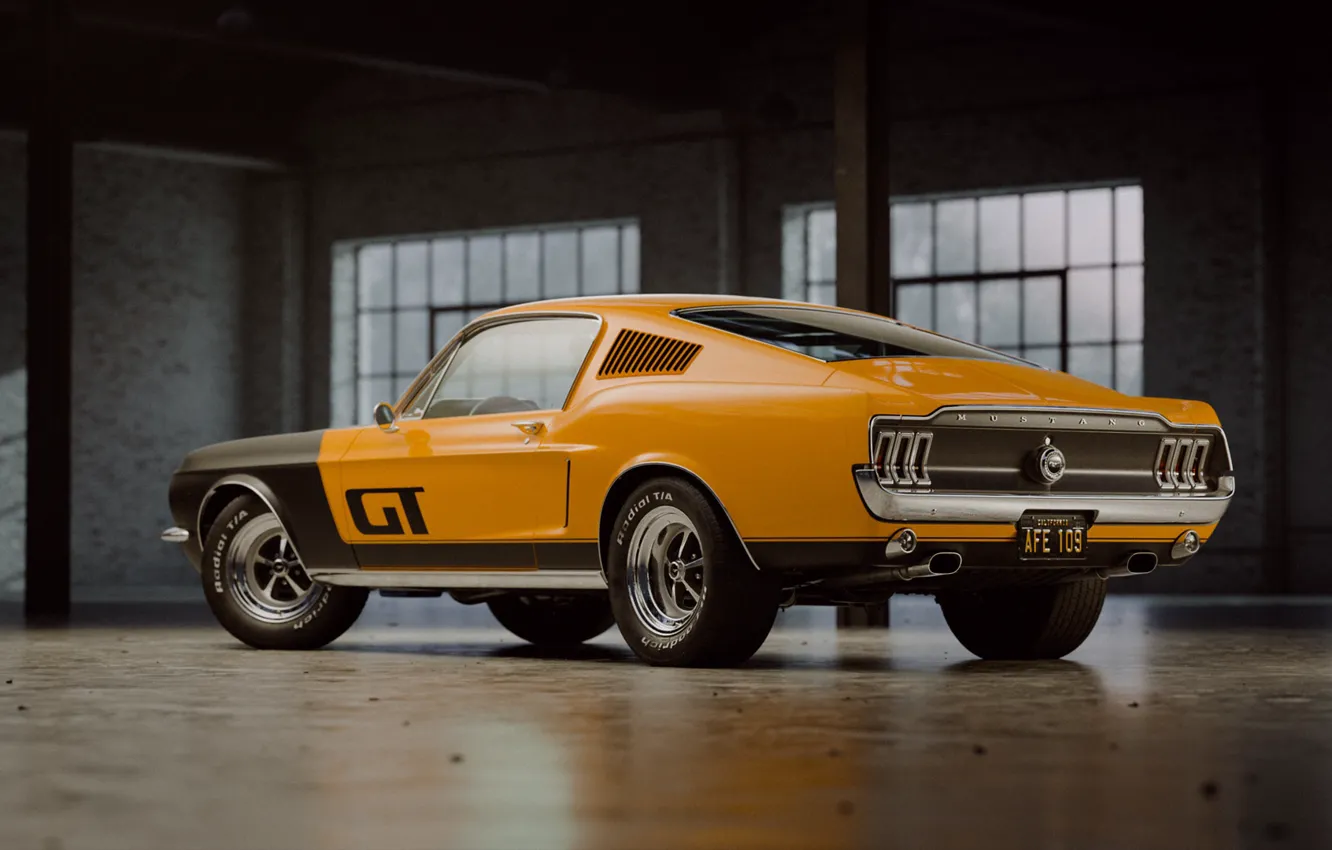 Photo wallpaper Mustang, Ford, Auto, Retro, Machine, Ford, Fastback, 1968, Rendering, Ford Mustang GT, Mustang GT, Orange …