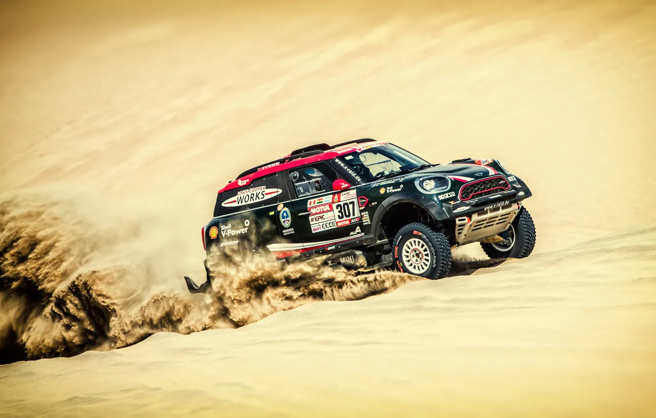 Photo wallpaper Sand, Auto, Mini, Dust, Sport, Desert, Machine, Race, 307, Rally, Dakar, Dakar, SUV, Rally, Dune, …