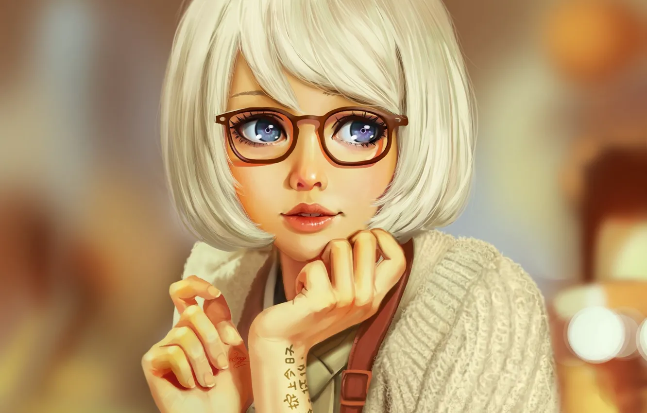 Photo wallpaper face, haircut, hands, tattoo, glasses, blue eyes, white hair, art, sweater, blurred background, bangs, portrait …