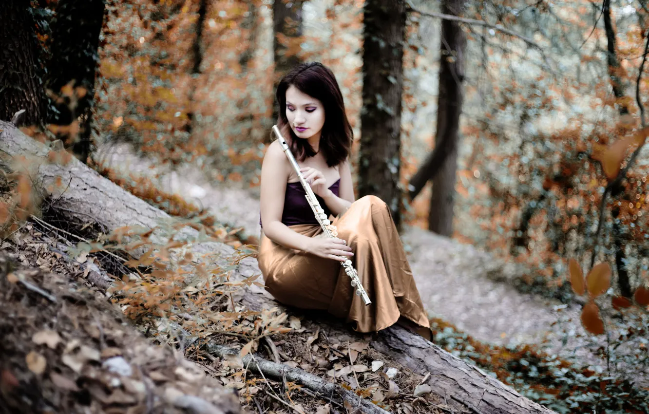 Photo wallpaper girl, nature, flute