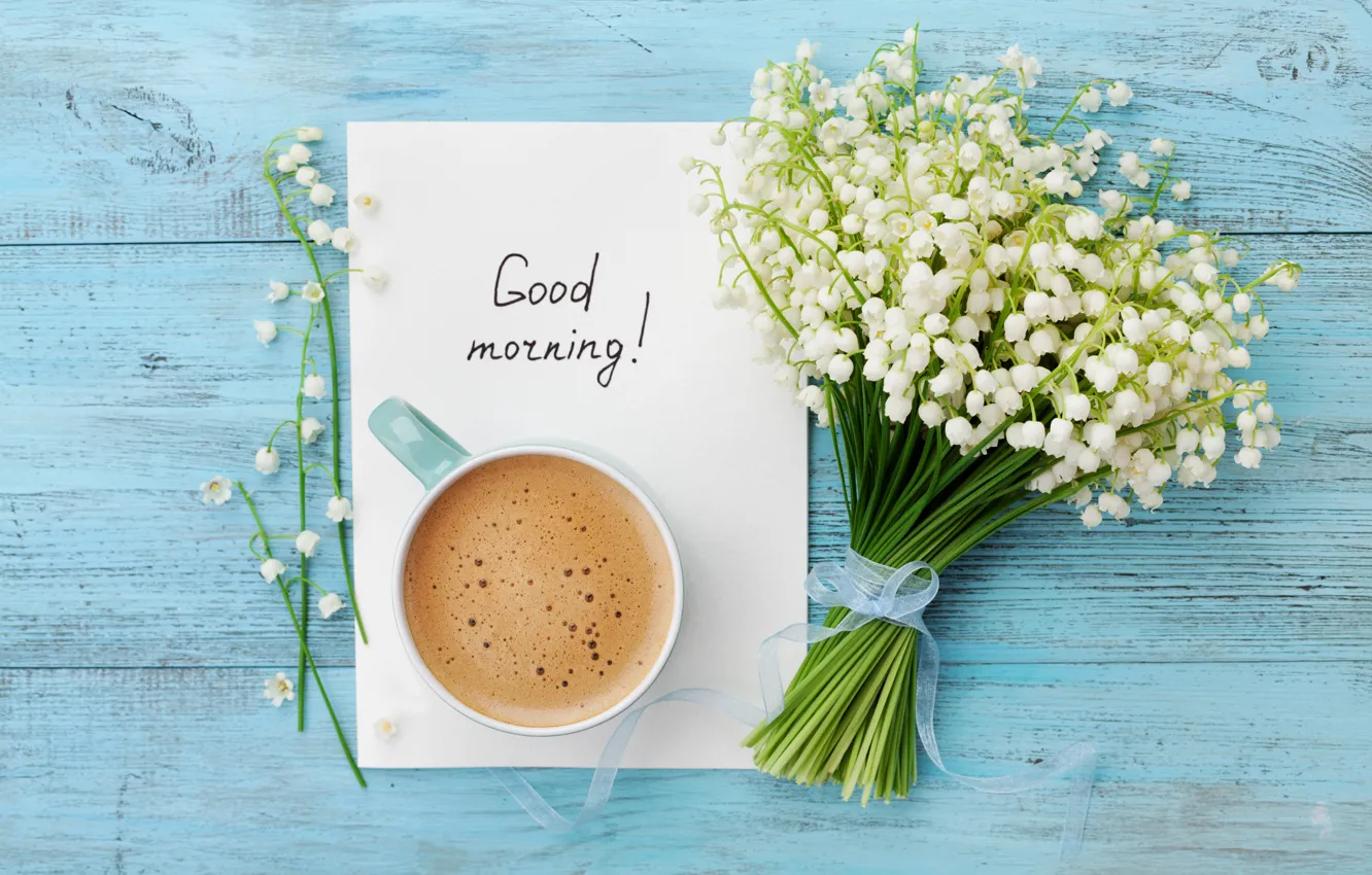 Wallpaper flowers, coffee, bouquet, morning, Cup, lilies of the valley,  wood, flowers, cup, Good Morning, coffee, lily images for desktop, section  настроения - download