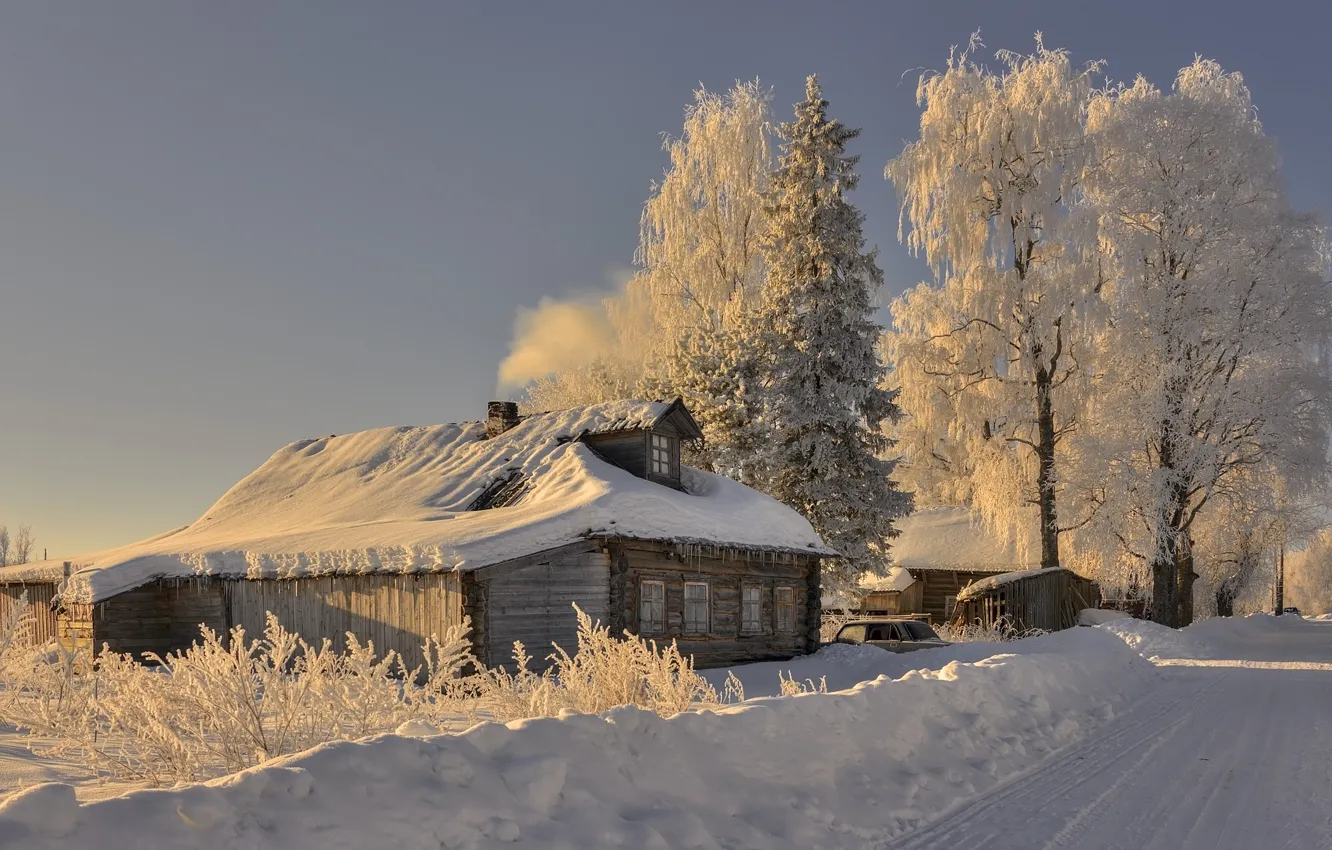 Photo wallpaper winter, morning, village, Arkhangelsk oblast, Saunino