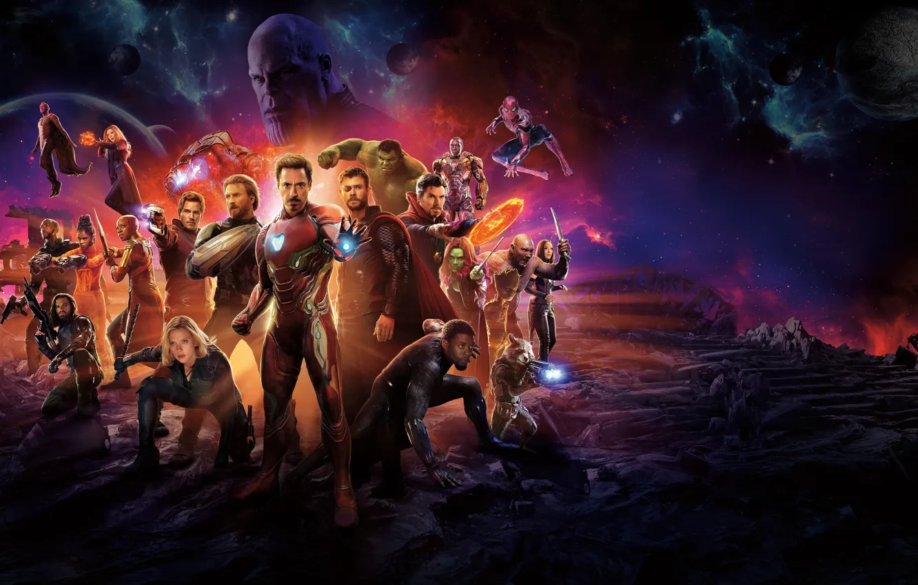 Photo wallpaper Scarlett Johansson, Infinity, Vision, Hulk, Nebula, Iron Man, War, Falcon, 2018, Captain America, Vin Diesel, …