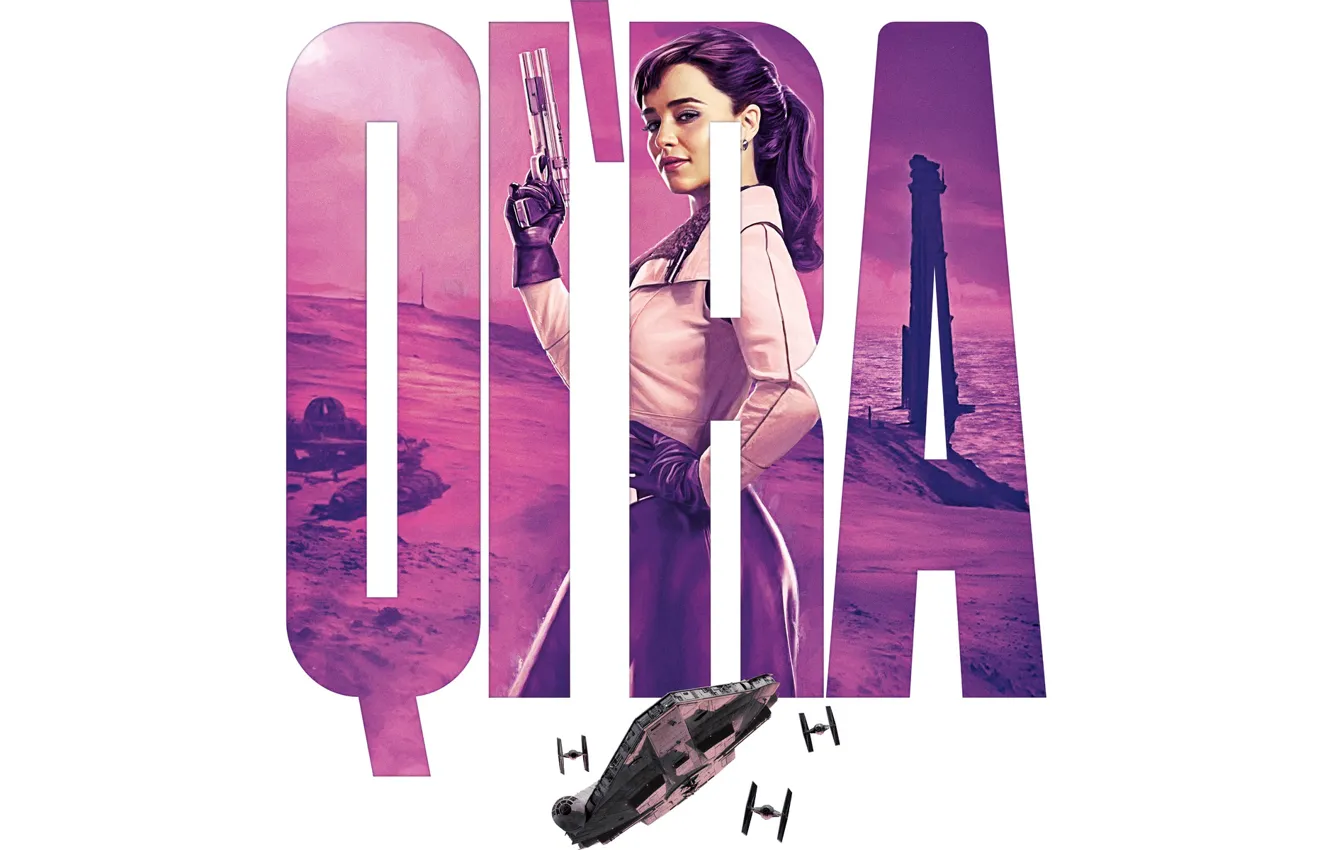 Photo wallpaper Star Wars, gun, weapon, science fiction, sci-fi, movie, Emilia Clarke, film, spaceships, actress, white background, …