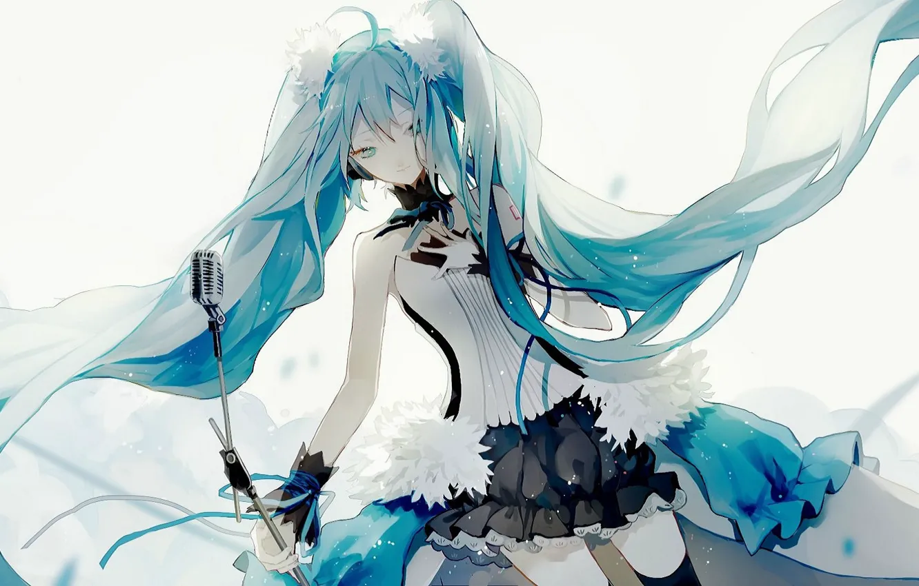 Photo wallpaper white background, fur, microphone, corset, blue eyes, vocaloid, Hatsune Miku, long hair, Vocaloid, art, ruffles, …