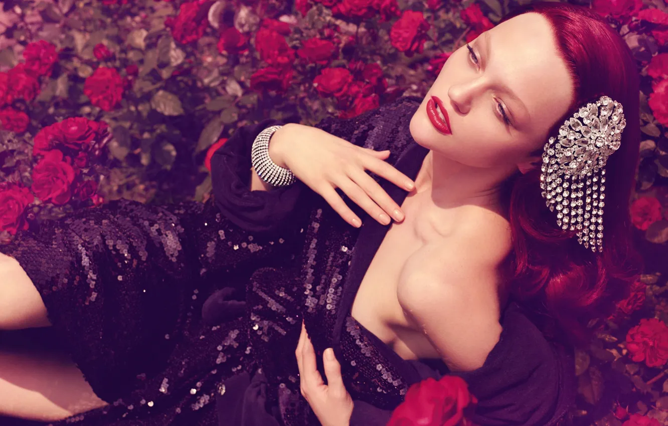 Photo wallpaper barrette, red hair, red roses, supermodel, Sasha Pivovarova