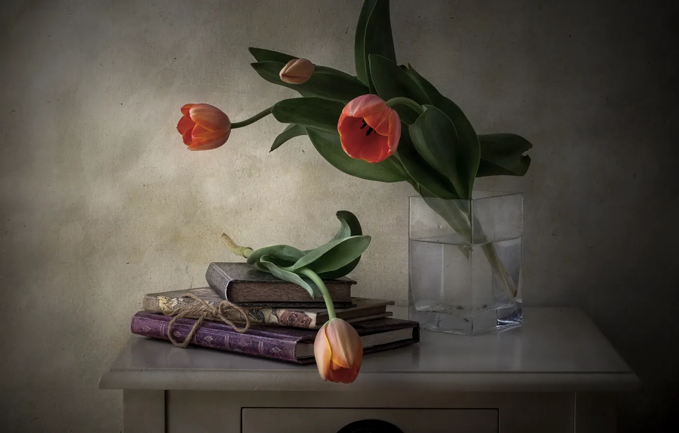 Photo wallpaper flowers, style, books, tulips, still life