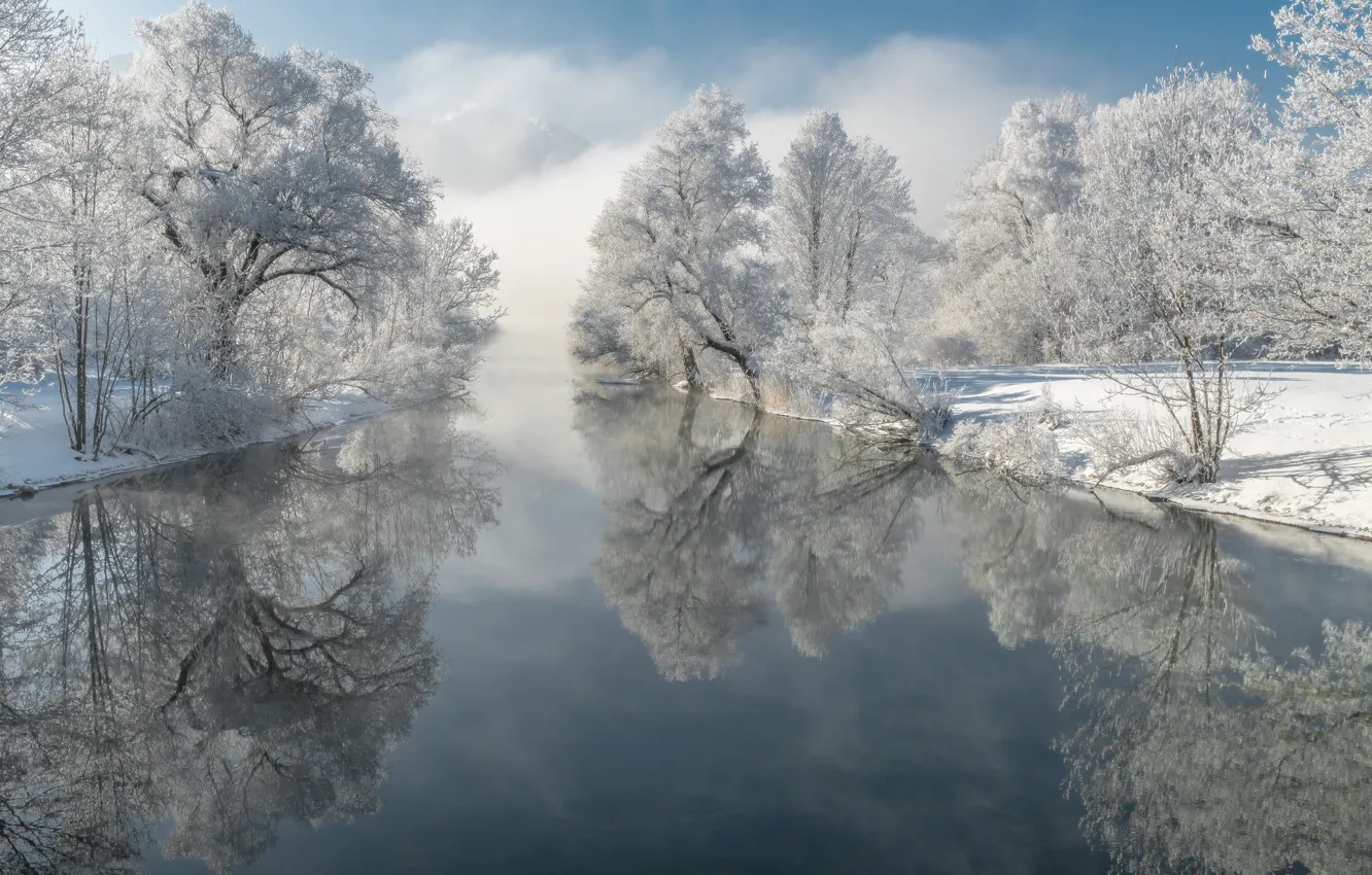 Photo wallpaper winter, frost, trees, reflection, river, Germany, Bayern, Germany, Bavaria, Loisach River, The River Loisach