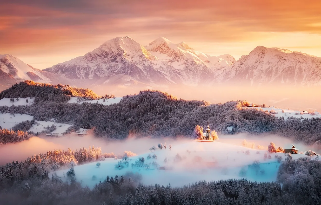 Photo wallpaper winter, light, snow, mountains, Slovenia