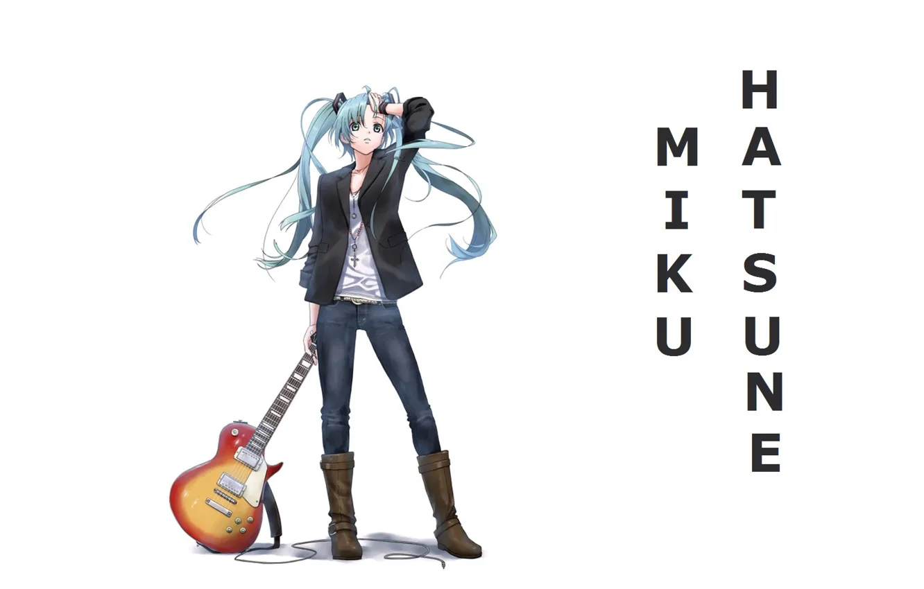 Photo wallpaper guitar, jeans, boots, white background, vocaloid, hatsune miku, long hair, Vocaloid, Hatsune Miku, two tails