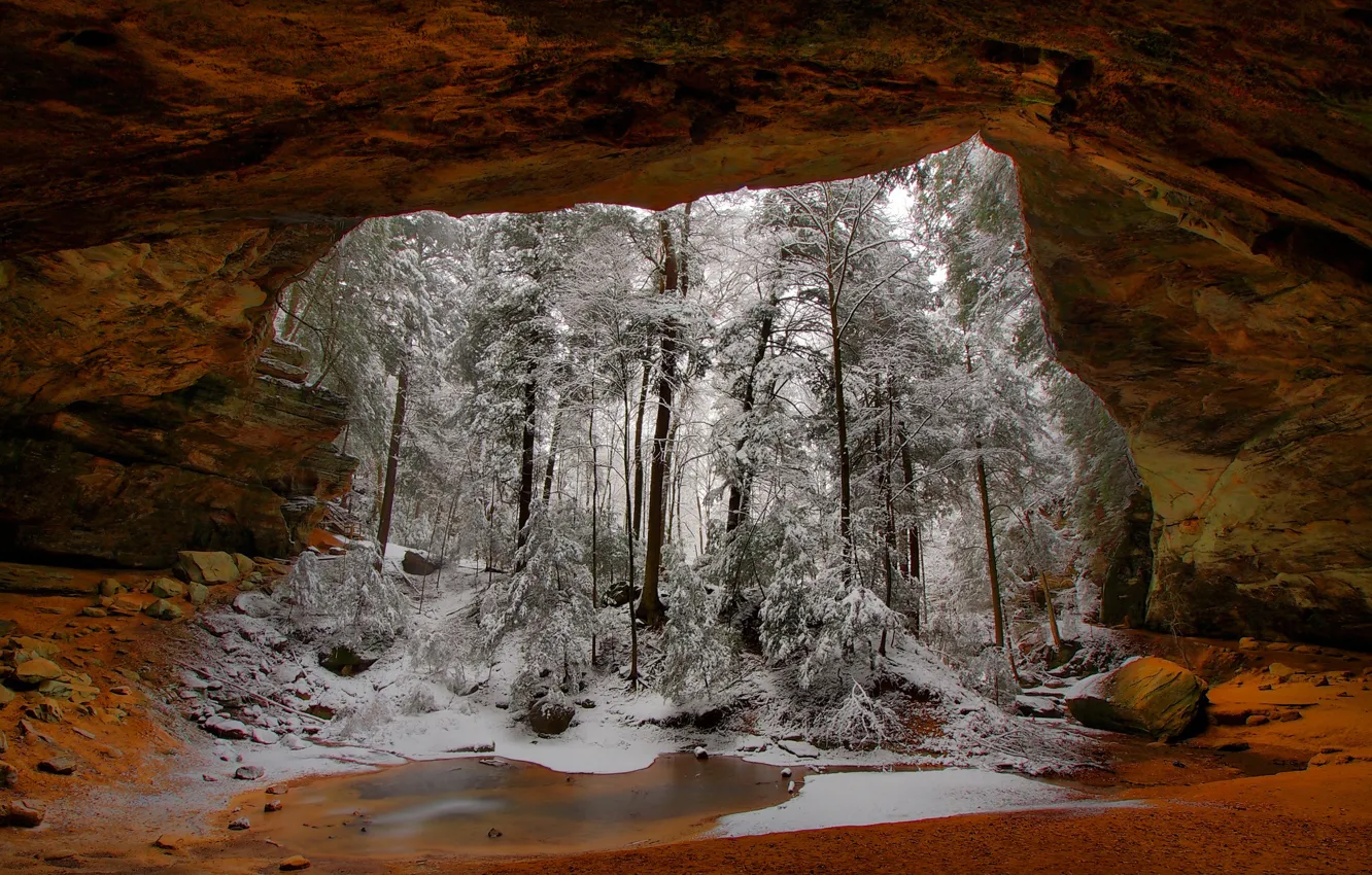 Photo wallpaper winter, snow, trees, rock, arch, USA, Ohio, Vinton