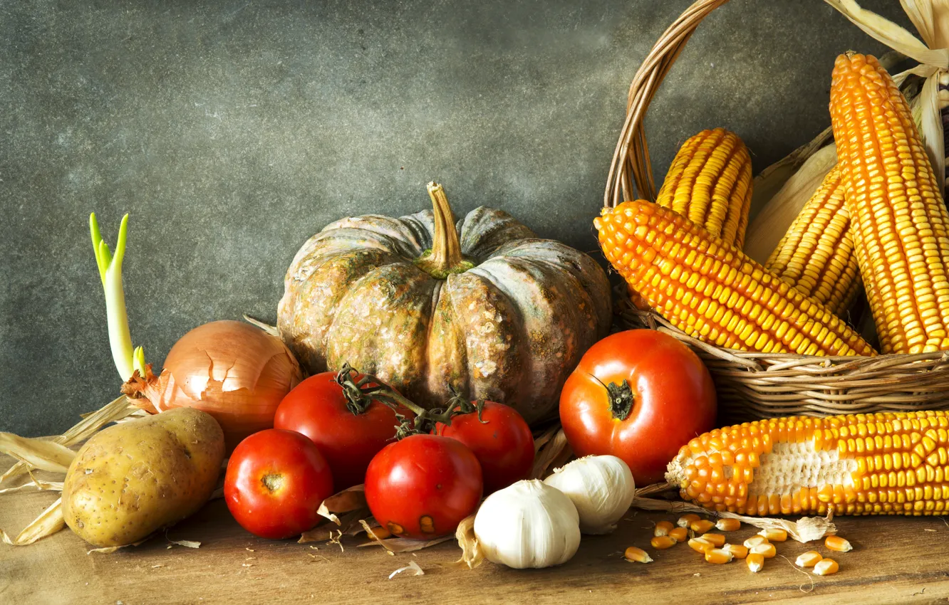 Photo wallpaper corn, bow, pumpkin, still life, tomatoes, potatoes, cuts