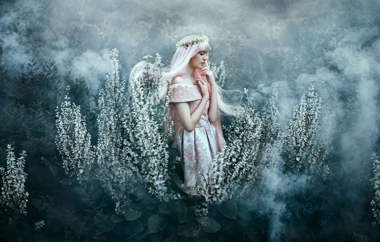 Photo wallpaper girl, fog, mood, dress, wreath, Bella Kotak, Under your spell