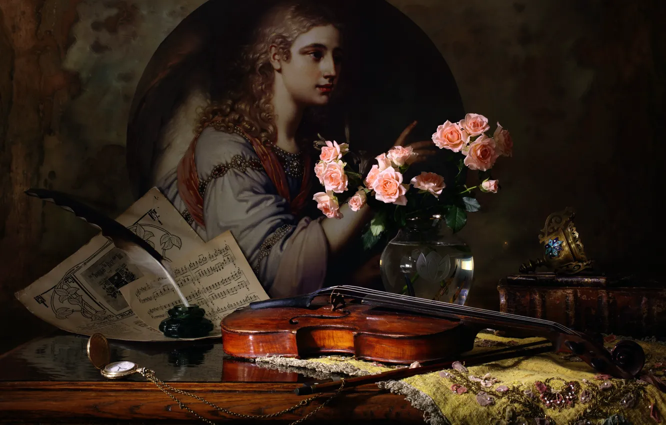 Photo wallpaper notes, violin, roses, picture