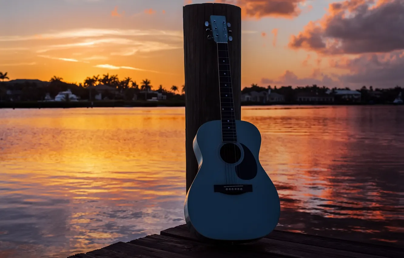 Wallpaper sunset, lake, guitar images for desktop, section музыка - download