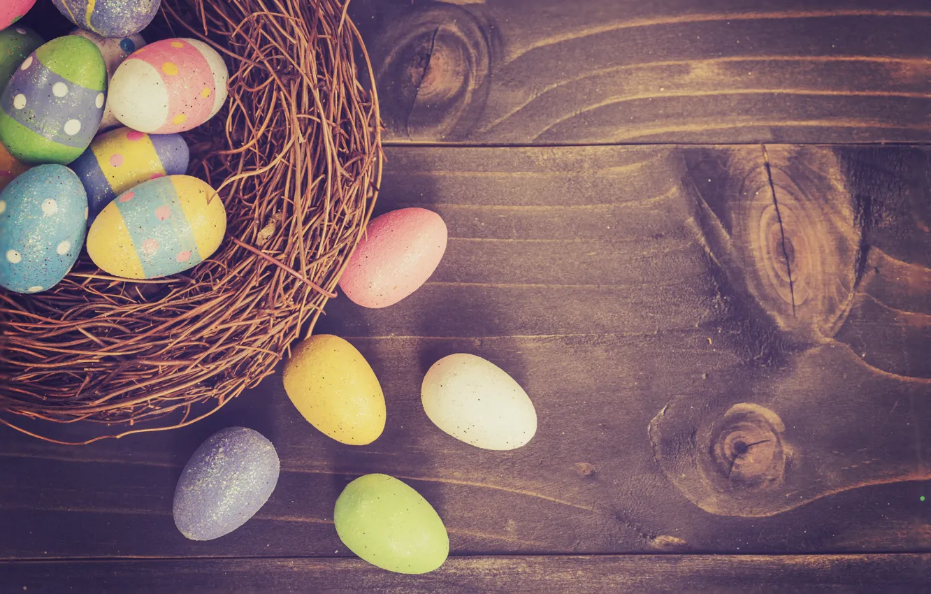 Photo wallpaper basket, eggs, spring, colorful, Easter, wood, spring, Easte...