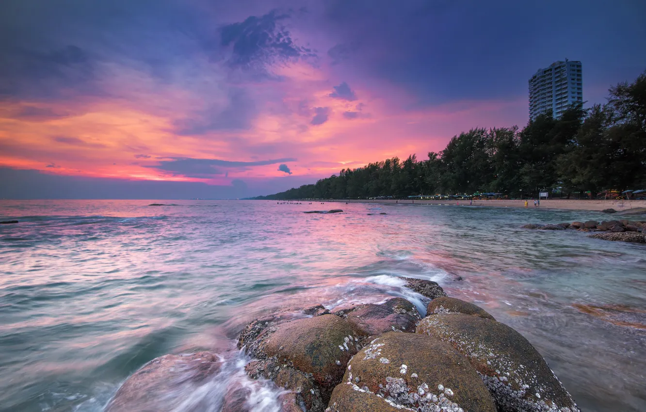 Photo wallpaper sea, wave, beach, summer, the sky, sunset, stones, shore, summer, beach, sky, sea, sunset, pink, …
