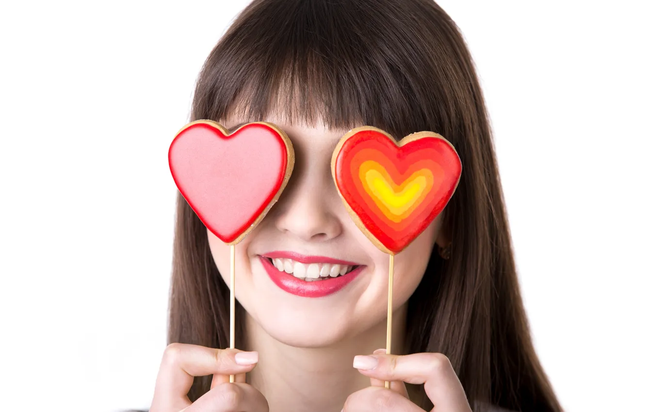 Photo wallpaper girl, smile, sticks, lipstick, brunette, hairstyle, lips, hearts, white background, fingers, Valentine's day