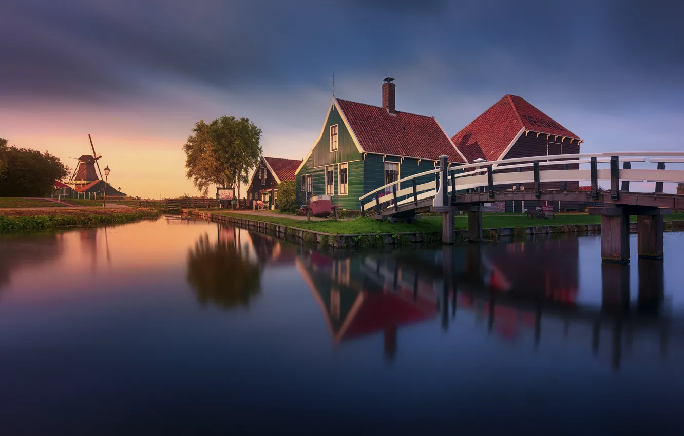 Photo wallpaper river, the evening, channel, houses, house, Netherlands, the bridge