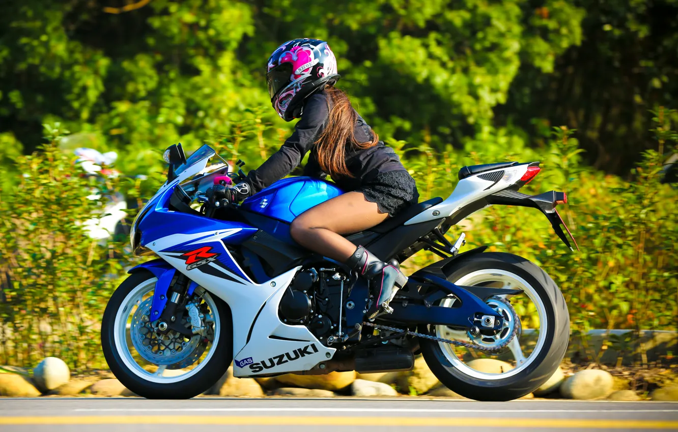 Photo wallpaper girl, motorcycle, helmet, Suzuki, Suzuki GSX-R