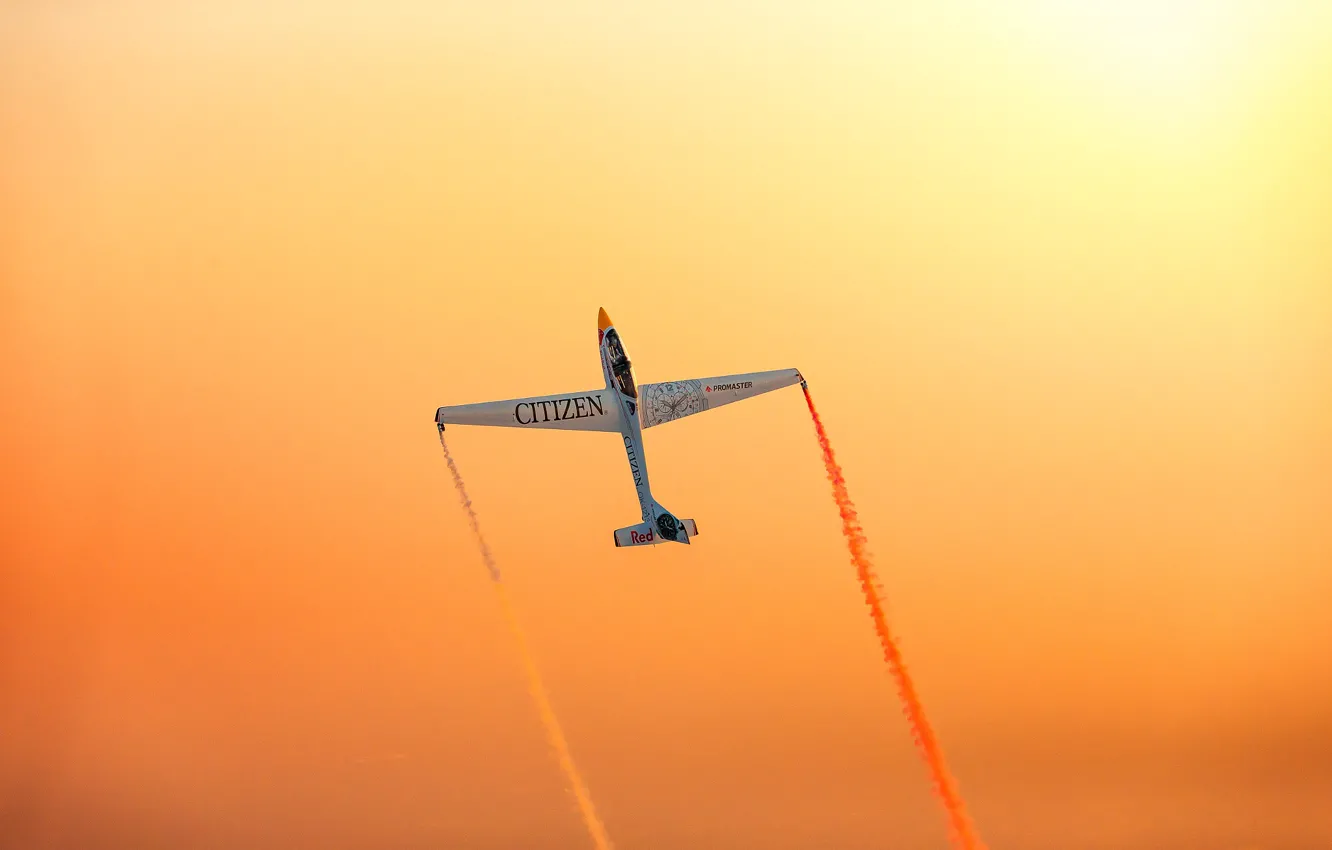 Photo wallpaper sky, flying, sunset, wings, airplane, plane, aviation, aerobatics, airshows, colored smoke, acrobatics, Glider
