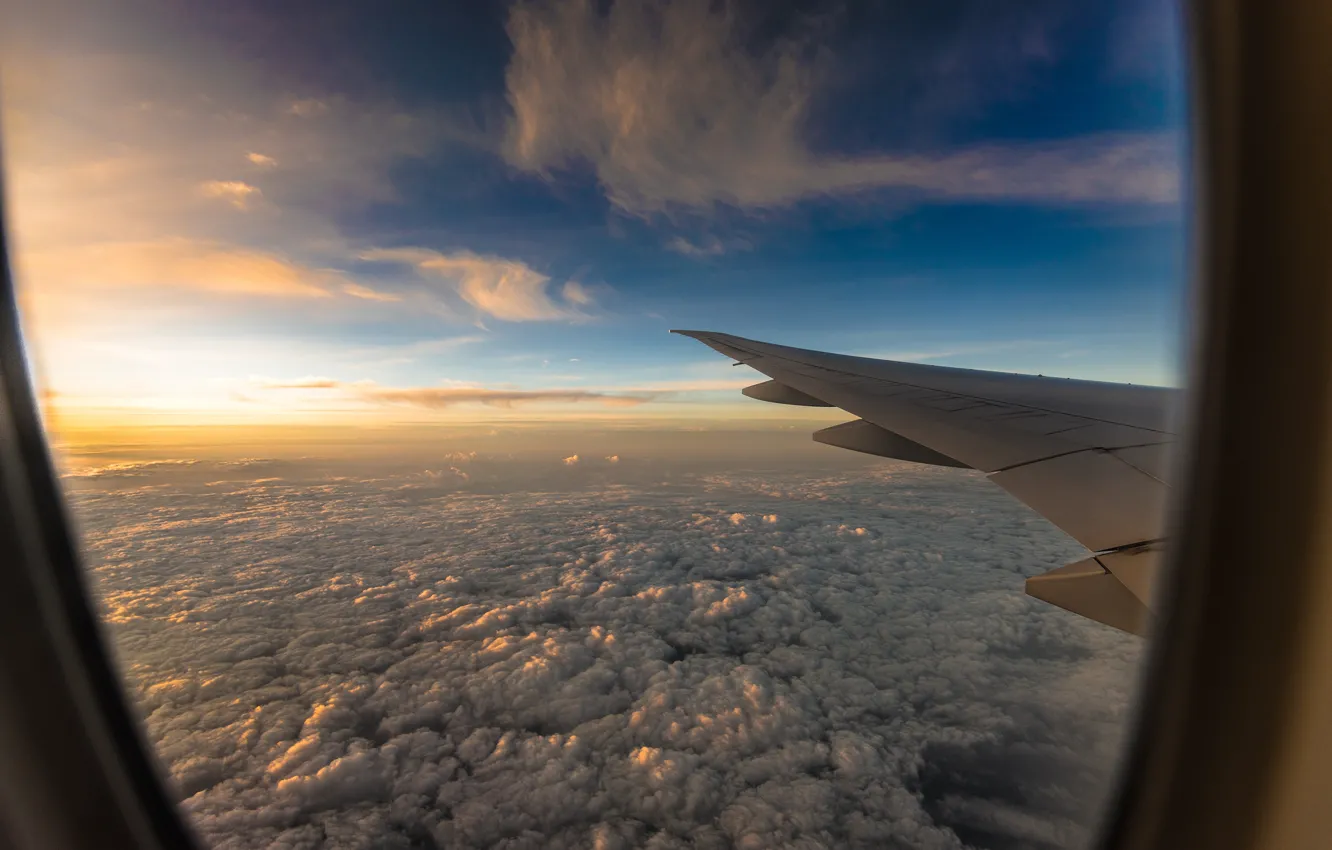 Wallpaper the sky, the sun, clouds, flight, the plane, view, height, wing,  the window images for desktop, section авиация - download