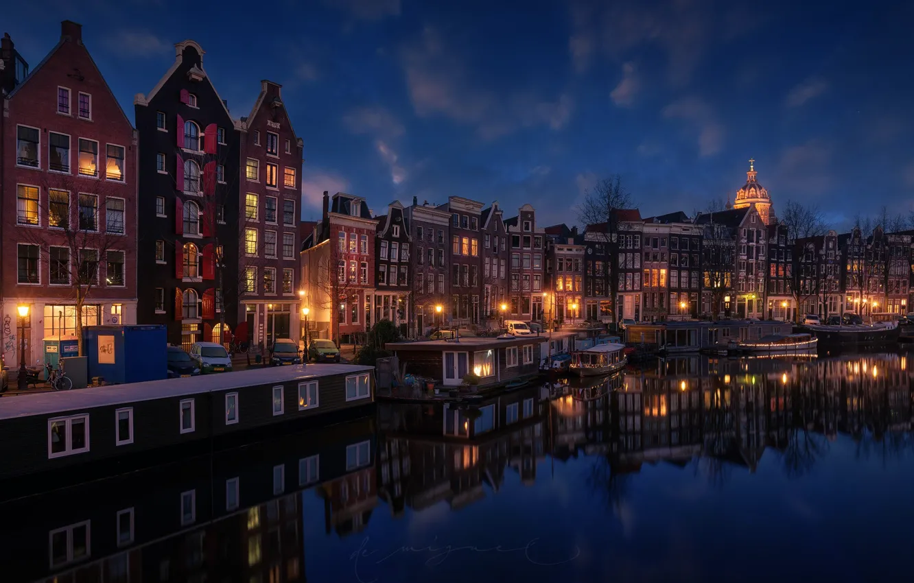 Wallpaper the city, lights, the evening, Amsterdam, channel ...