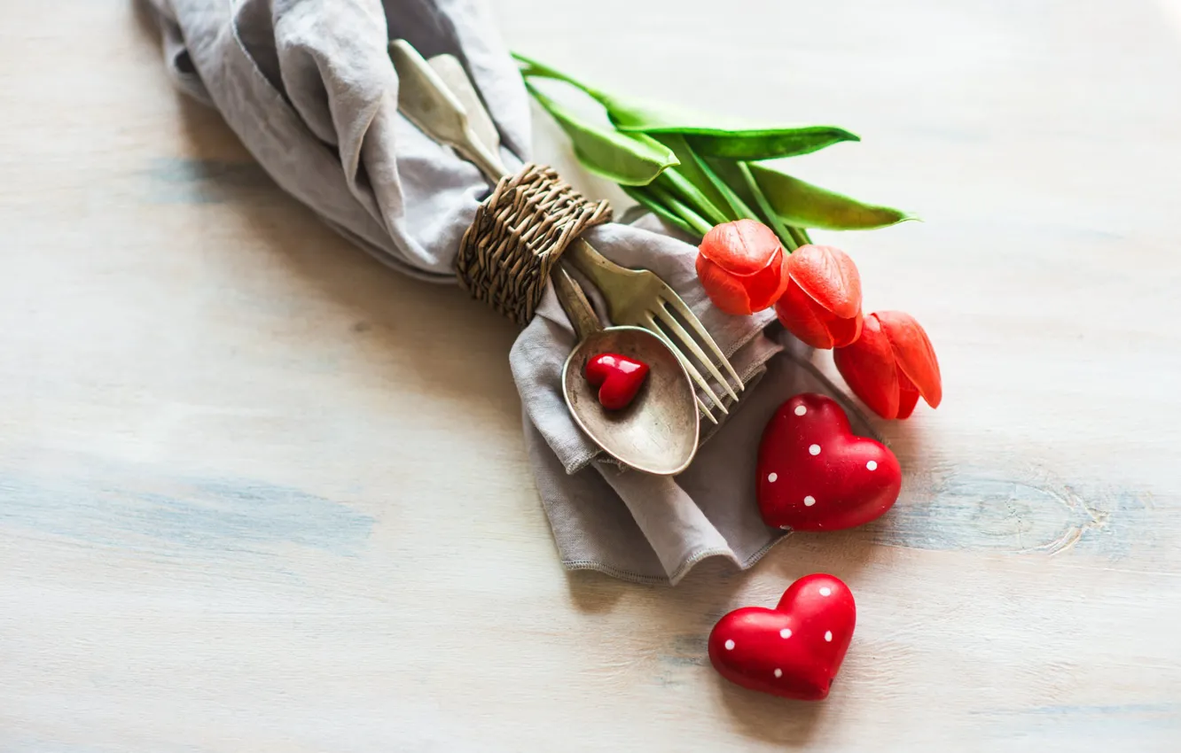 Photo wallpaper flowers, holiday, devices, spoon, hearts, tulips, plug, figures, napkin