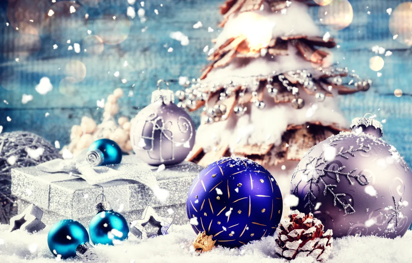 Photo wallpaper winter, snow, decoration, balls, tree, New Year, Christmas, Christmas, winter, snow, Merry Christmas, Xmas, decoration