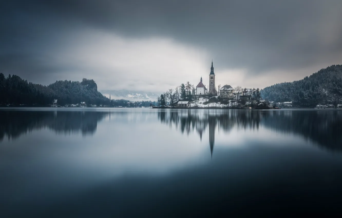 Photo wallpaper lake, reflection, island, monochrome, Slovenia, Lake Bled, Slovenia, Lake bled, Bled, Assumption of Mary Pilgrimage …