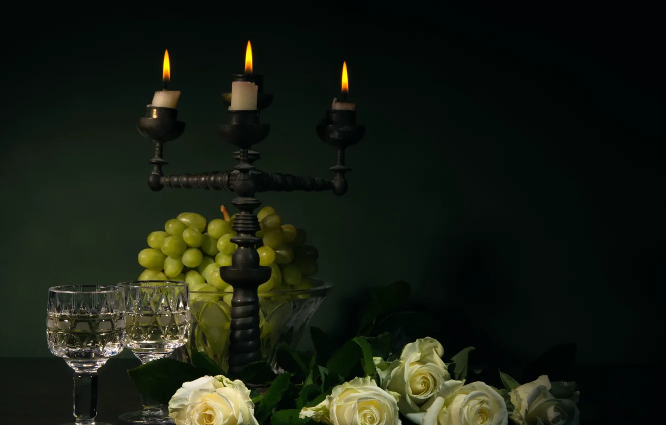 Photo wallpaper roses, candles, grapes, romantic still life
