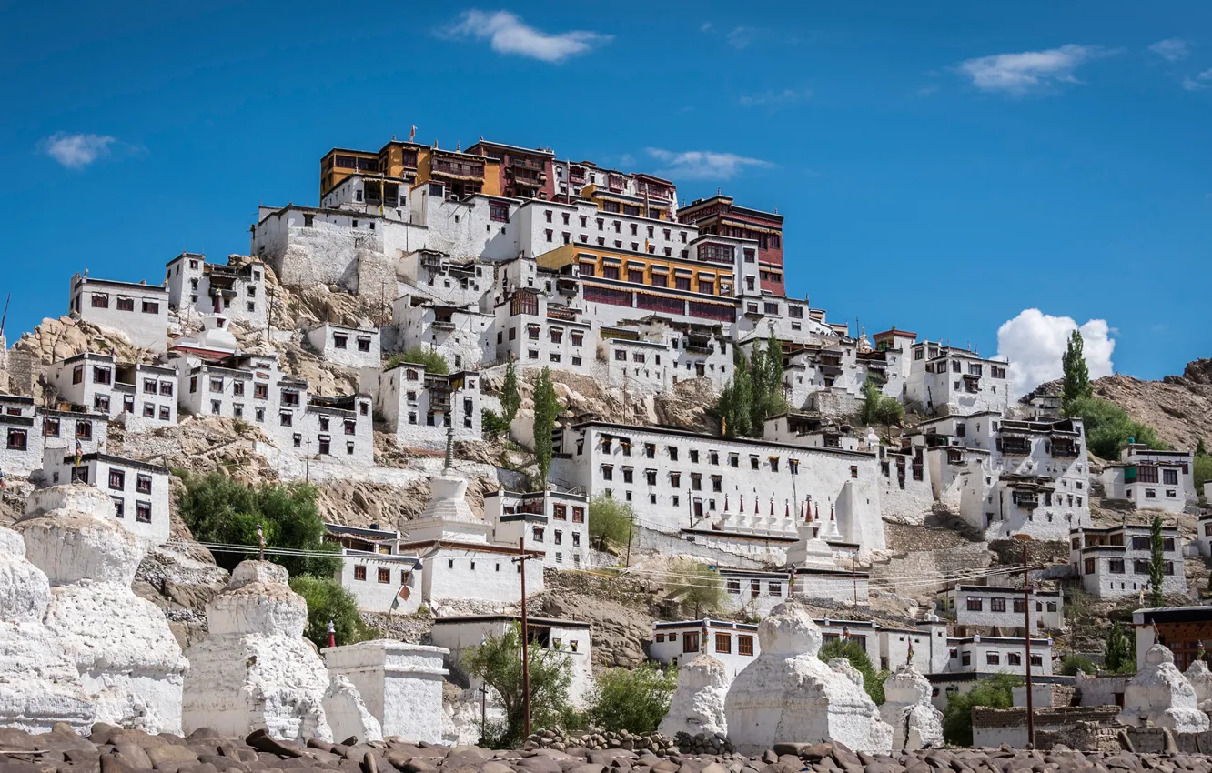 Wallpaper the sky, the sun, clouds, stones, rocks, India, the monastery,  Ladakh, Thiksey Monastery images for desktop, section пейзажи - download