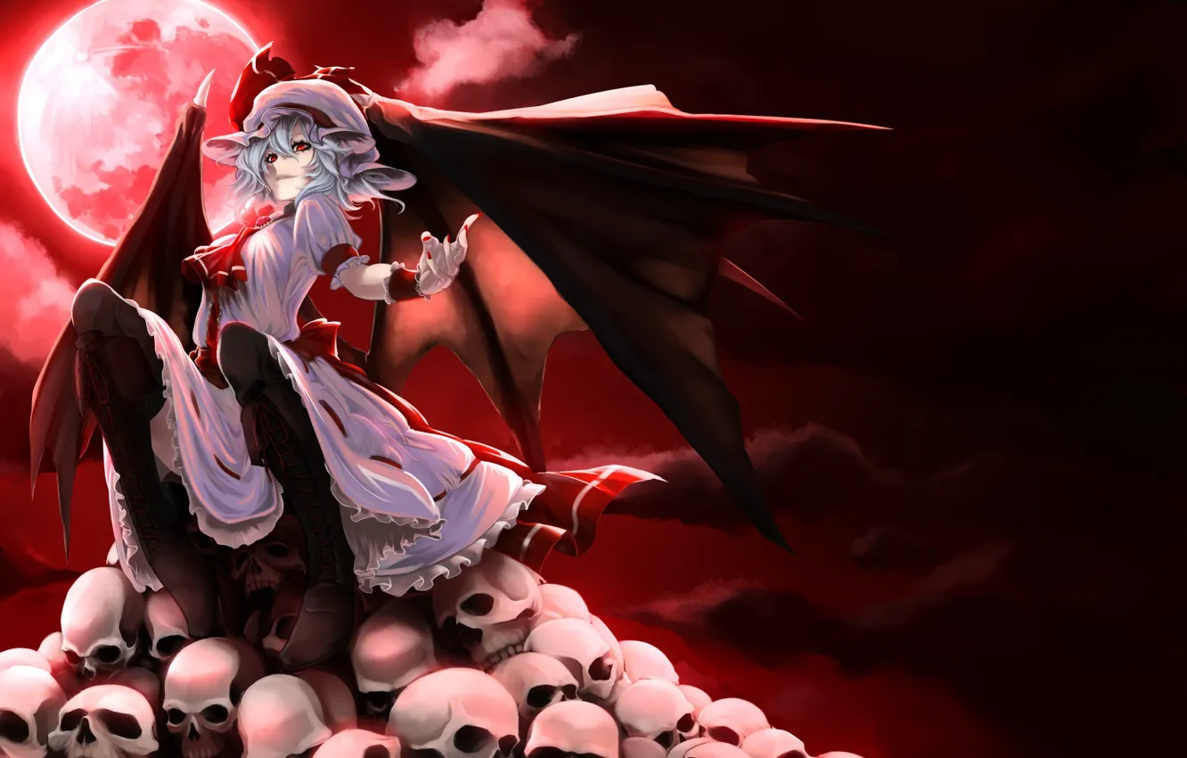 Photo wallpaper night, skull, bat, the full moon, blood moon, vampire, black wings, Touhou Project, a pile …