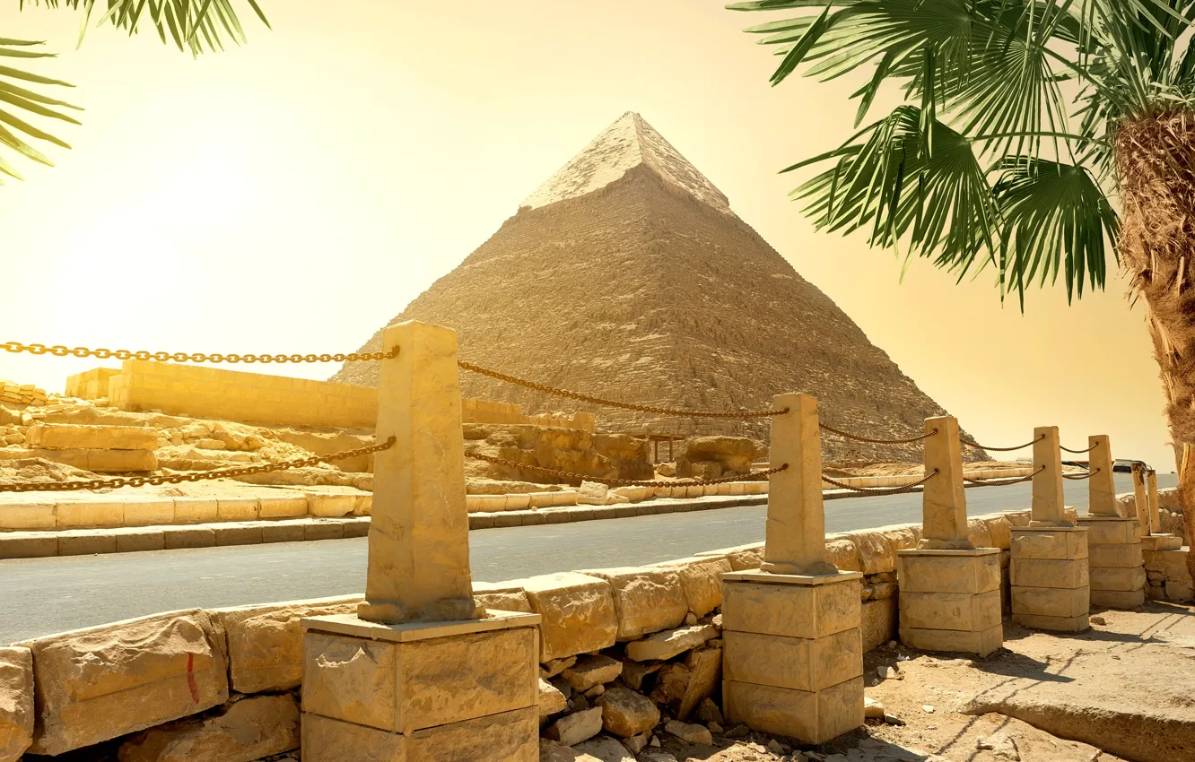 Photo wallpaper road, the sun, stones, palm trees, pyramid, Egypt, Cairo