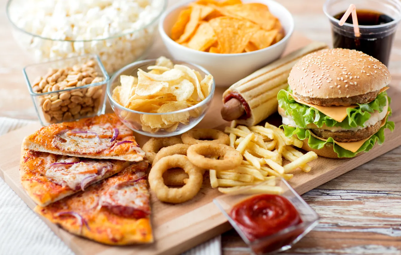 Photo wallpaper pizza, chips, French fries, Burger, fast food, onion rings