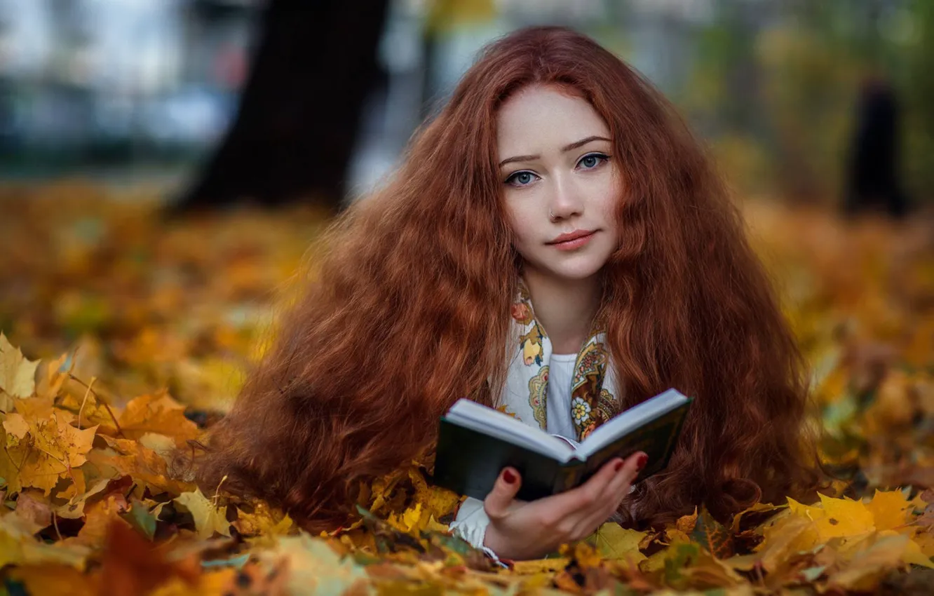 Photo wallpaper autumn, look, leaves, mood, foliage, book, red, redhead, long hair, Arina, Hakan Erenler