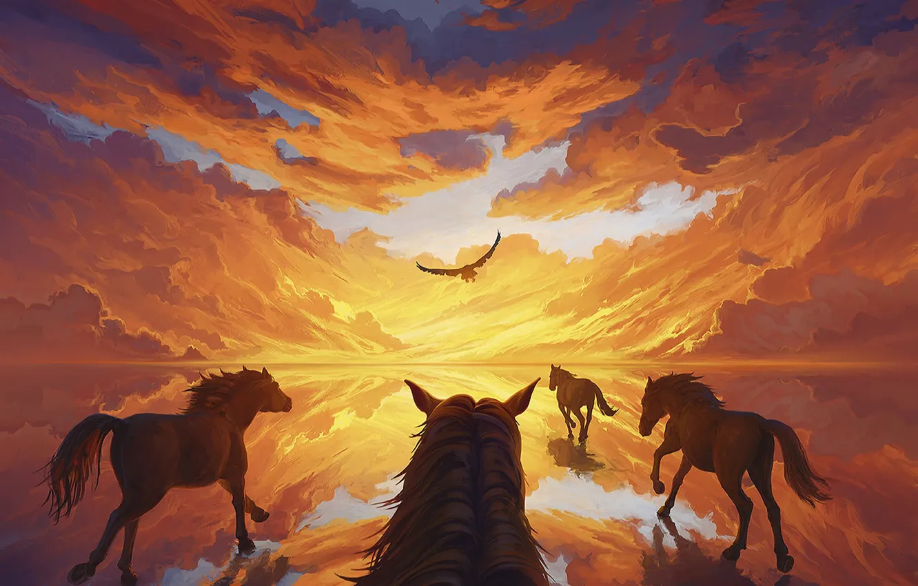 Photo wallpaper Sunset, Bird, Horse, Art, Rendering