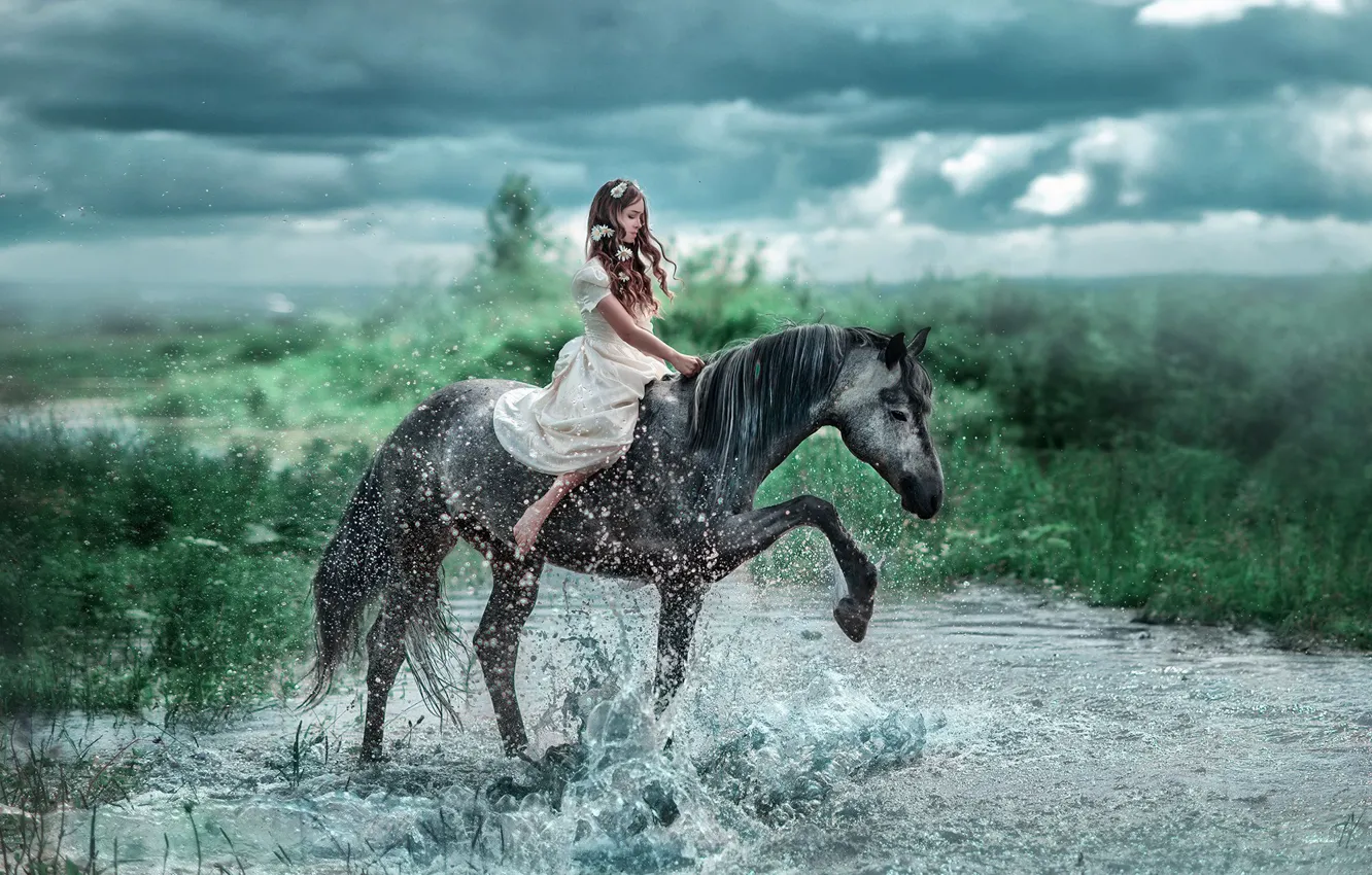 Photo wallpaper water, girl, flowers, squirt, river, mood, horse, horse, dress, rider, Swallow