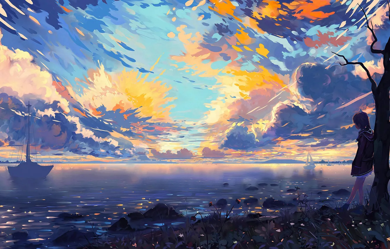 Wallpaper colorful, sky, clouds, lake, tree, mood, painting, digital