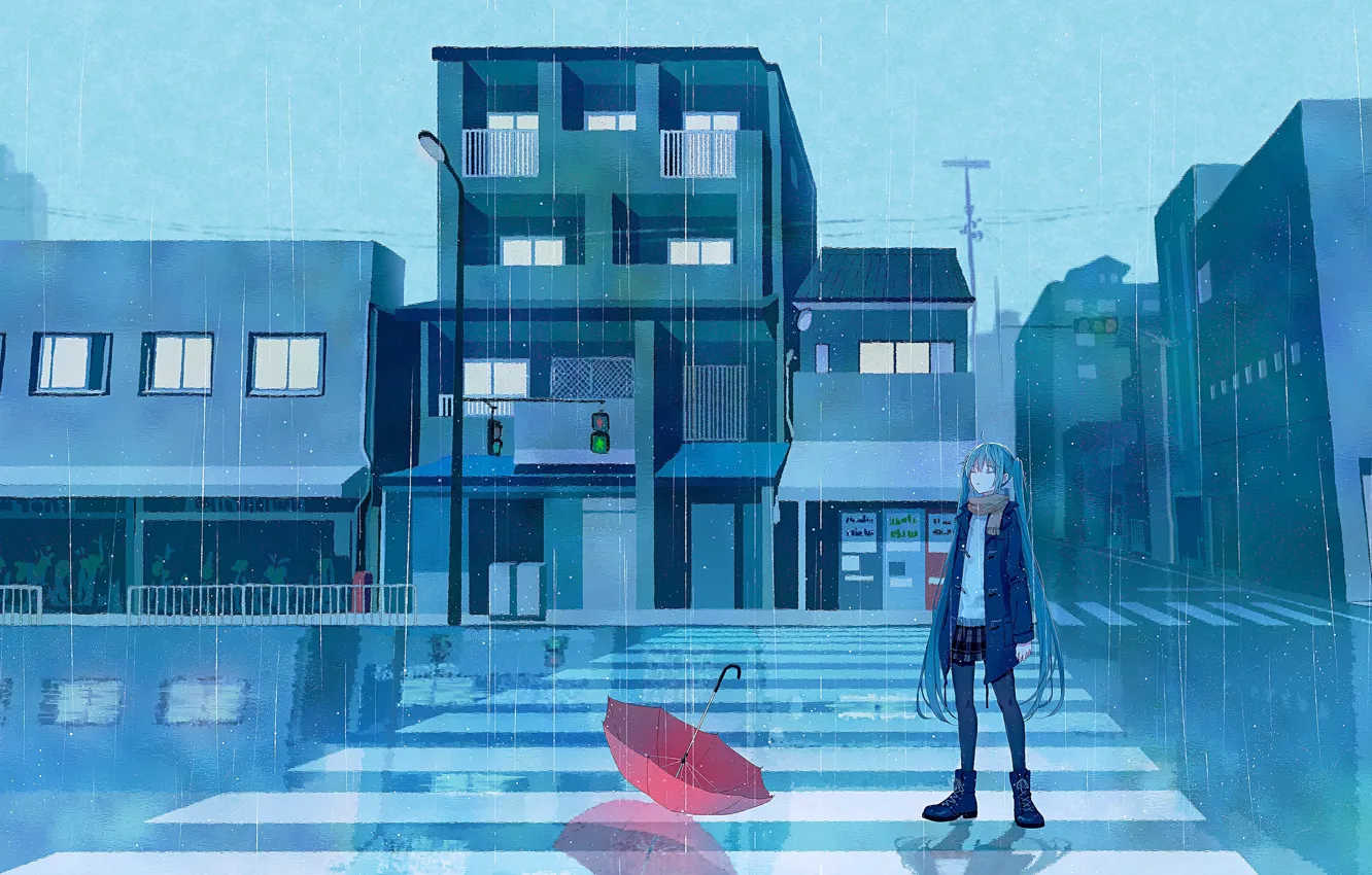 Photo wallpaper road, girl, rain, umbrella, traffic light, Hatsune Miku, Vocaloid