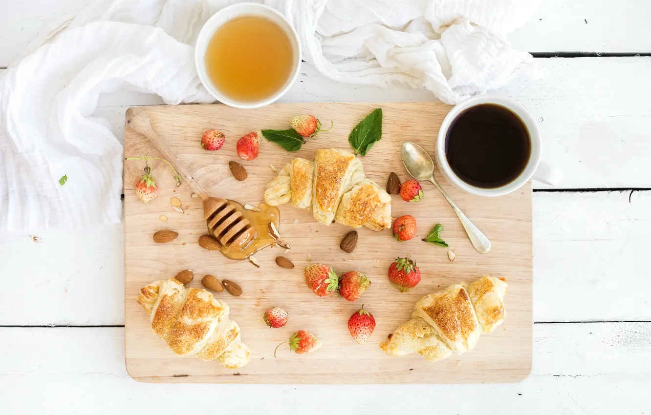 Photo wallpaper berries, coffee, Breakfast, strawberry, honey, coffee cup, strawberry, breakfast, croissant, growing