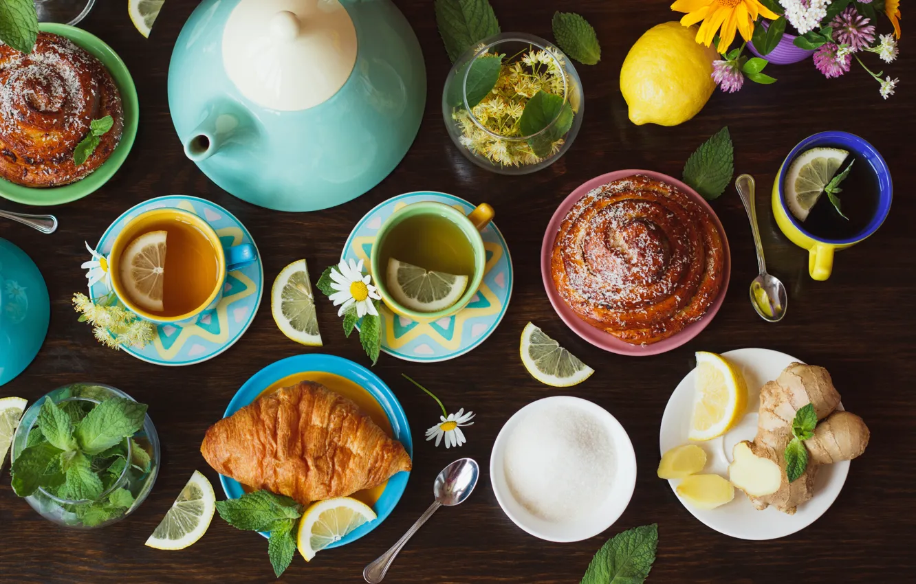 Photo wallpaper lemon, tea, honey, Cup, lemon, honey, grass, cakes, cup, bun, croissant, tea, herbal