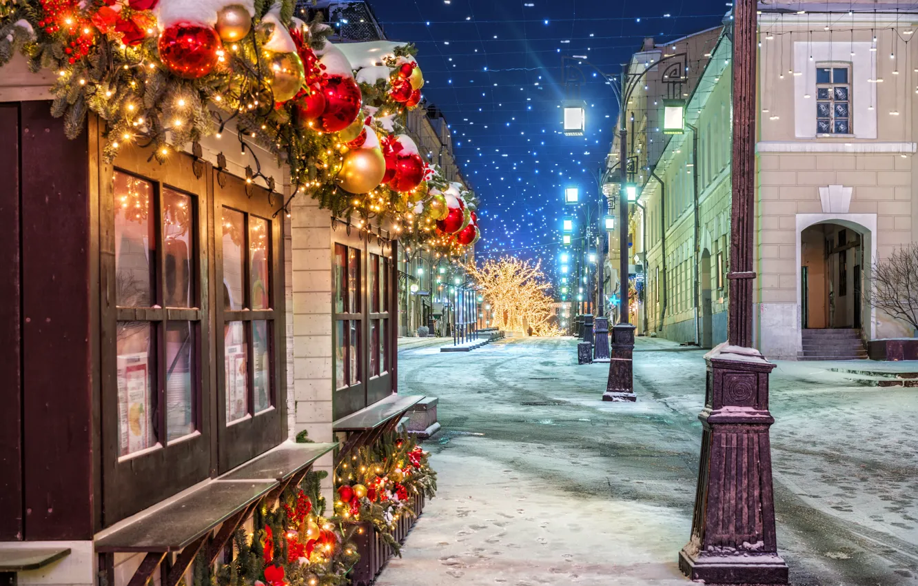 Photo wallpaper Winter, Night, The city, Snow, New Year, Street, Lights, Moscow, Russia, Manezhnaya Square