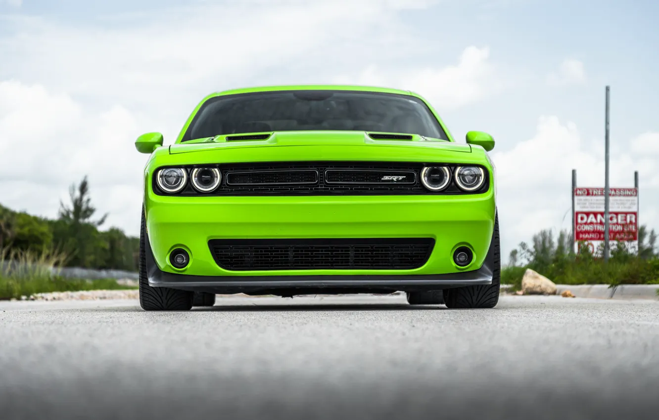 Photo wallpaper Dodge, Challenger, Front, Yellow, Face, Sight