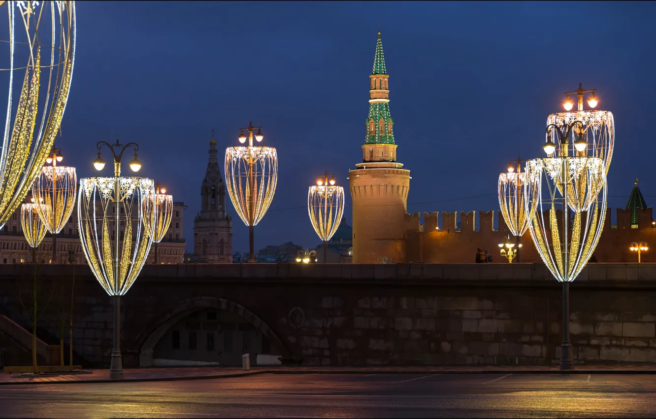 Photo wallpaper lights, Moscow, The Kremlin, Russia, night city, garland, Moskvoretskaya tower