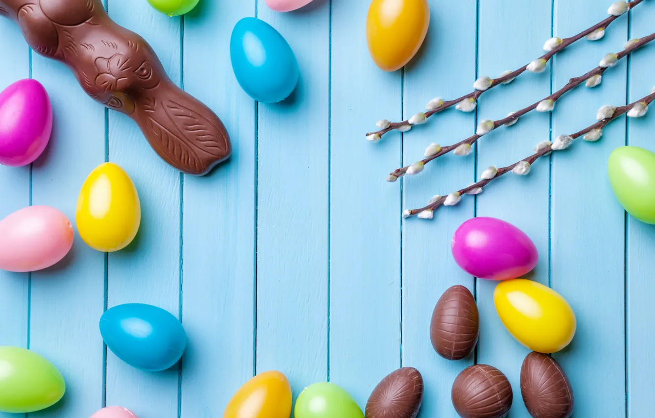 Photo wallpaper chocolate, eggs, colorful, rabbit, candy, Easter, wood, Verba, chocolate, spring, Easter, eggs, bunny, candy, decoration, …