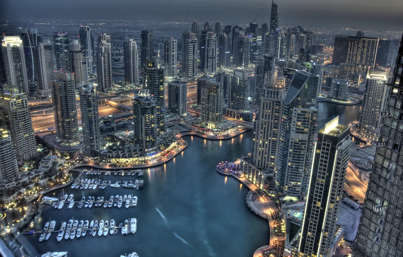 Photo wallpaper building, yachts, Bay, Dubai, night city, Dubai, skyscrapers, harbour, UAE, UAE, Dubai Marina, Dubai Marina