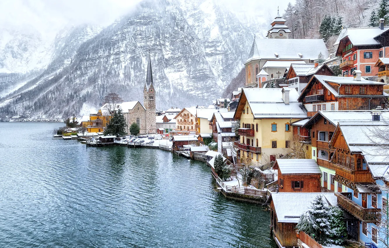 Photo wallpaper winter, forest, snow, trees, mountains, lake, shore, home, Austria, Hallstatt, Hallstatt